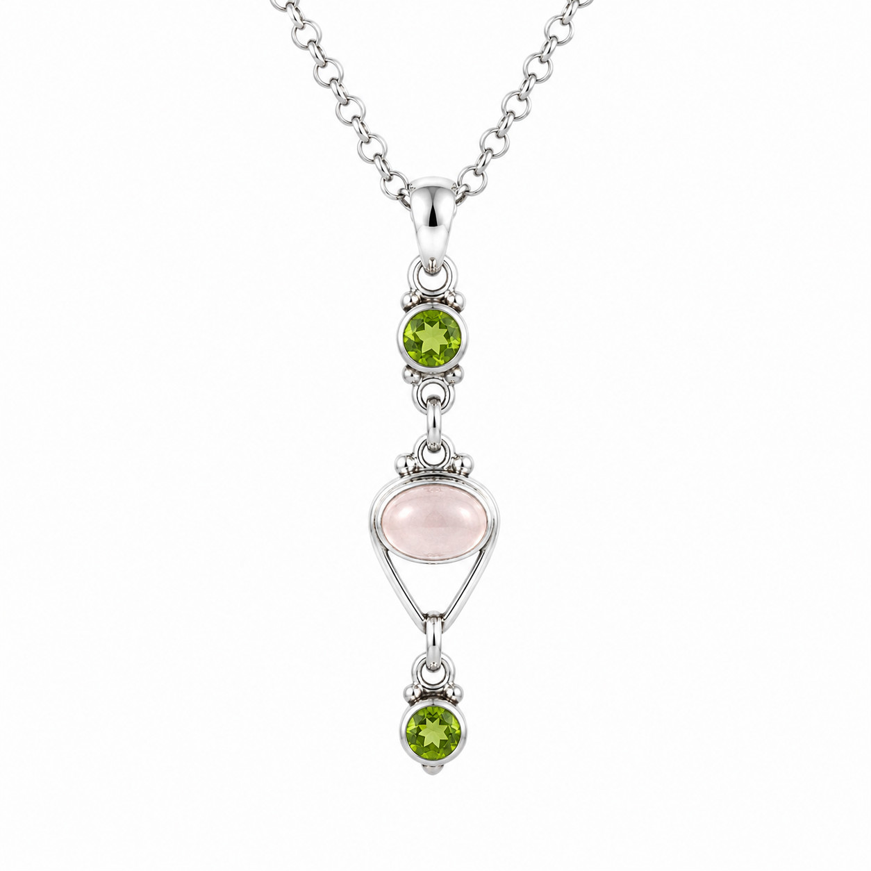 Premium Elegant Pink Green Rose Quartz & Peridot 925 Sterling Silver Oval 48mm