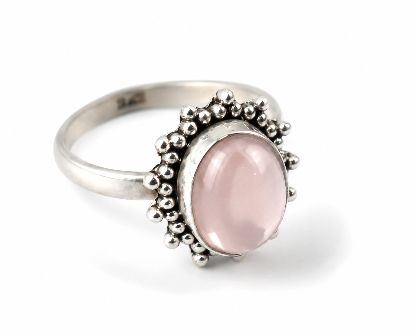 Authentic Beautiful Pink Rose Quartz 925 Sterling Silver Oval Ring US#7 1/2