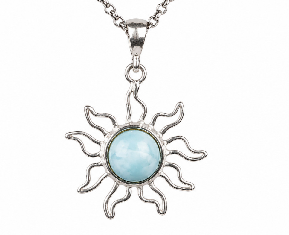 Exquisite Handcrafted Sky Blue Larimar 925 Sterling Silver Sun Pendant 39mm