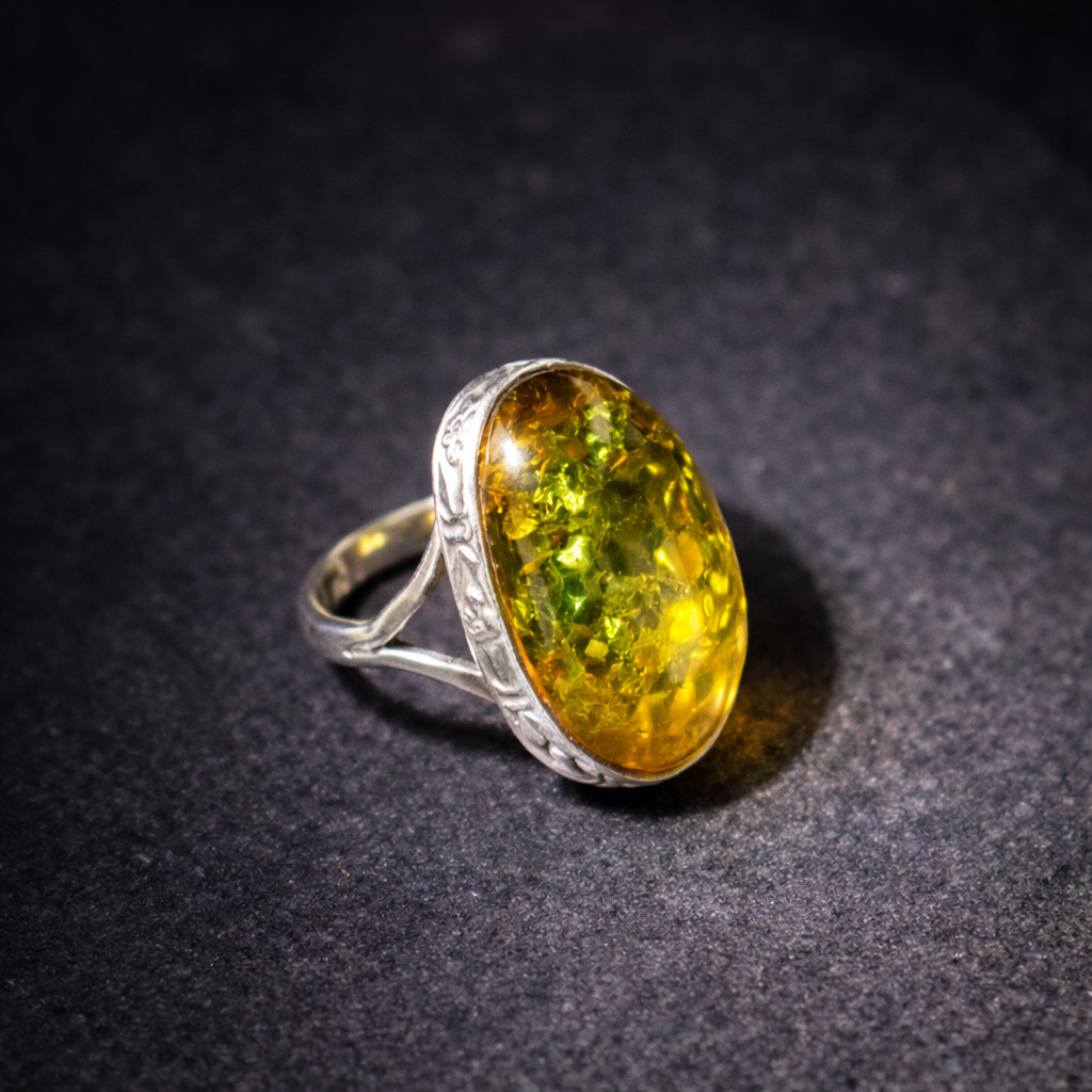 Natural Clear Yellow Yellow Amber .925 Sterling Silver Ring #5.5 free resize