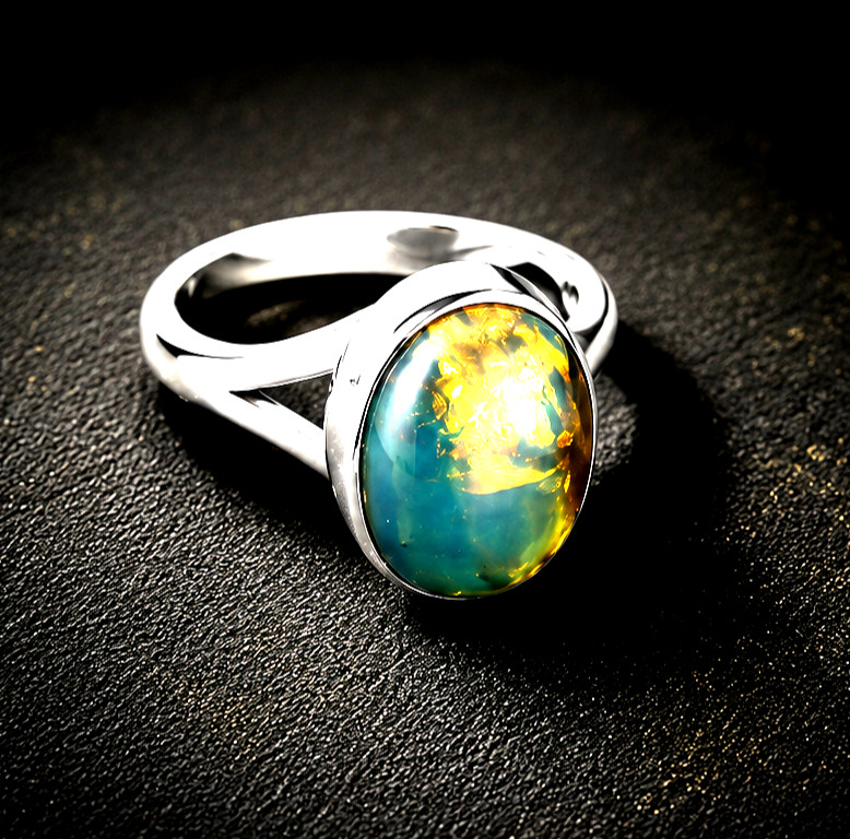 Handcrafted Natural Deep Blue Amber 925 Sterling Silver Oval Ring US#5.75