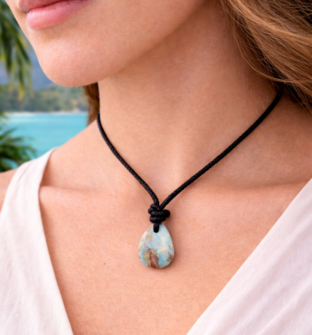 Lovely Natural Ocean Red Blue Larimar Necklace adjustable free leather cord