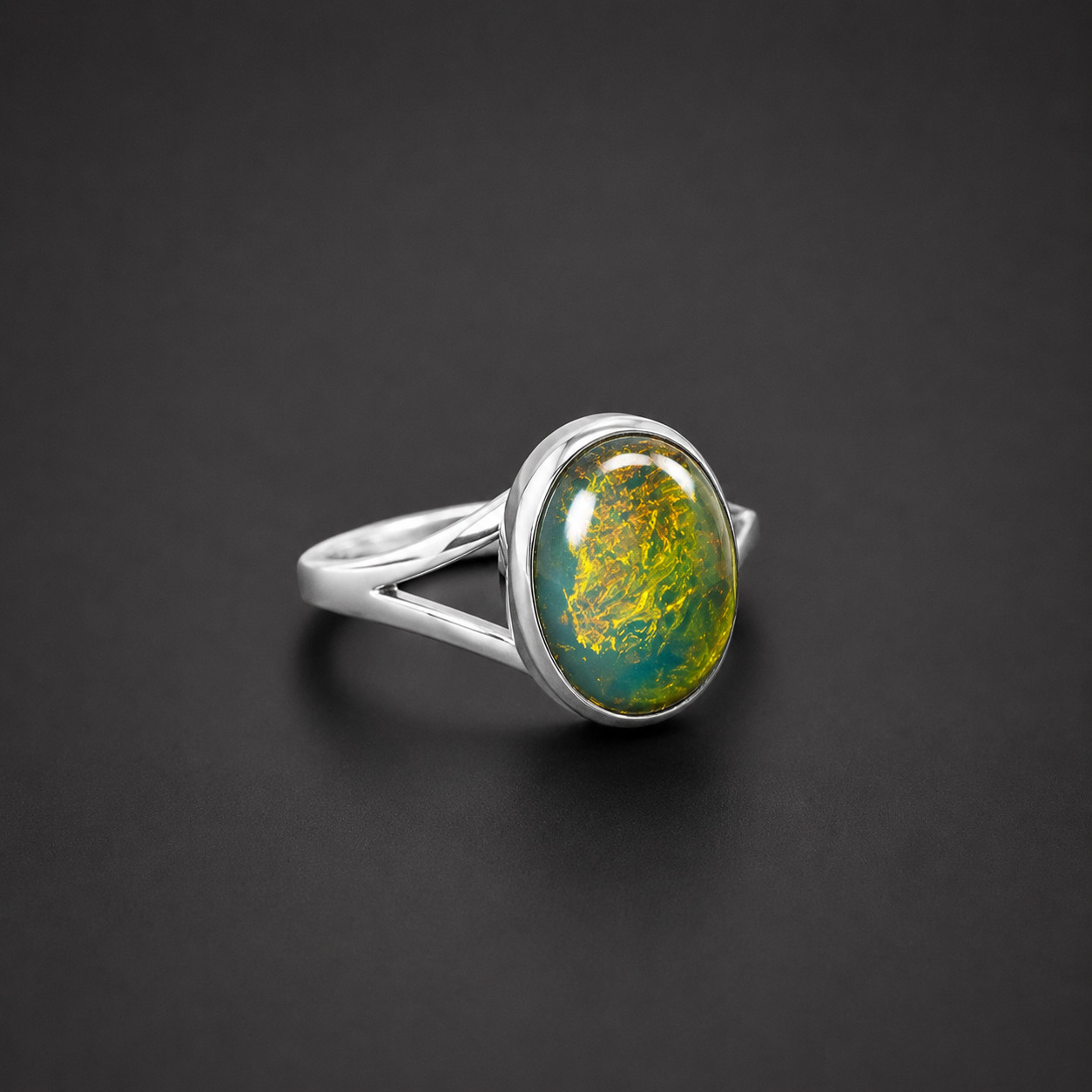 Genuine Authentic Blue Green Amber 925 Sterling Silver Oval Ring US#5.75