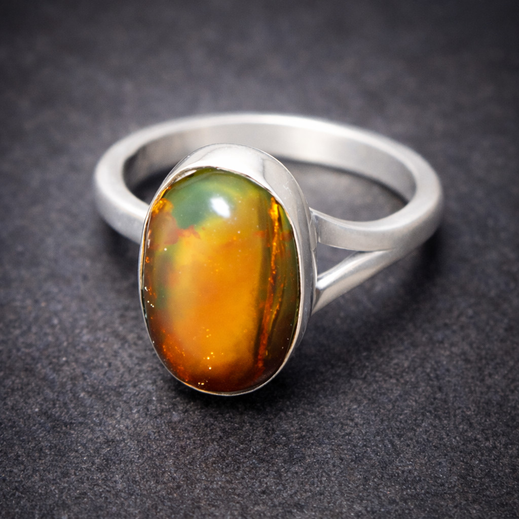 Charming Natural Clear Orange Green Amber .925 Sterling Silver Ring  #7.5