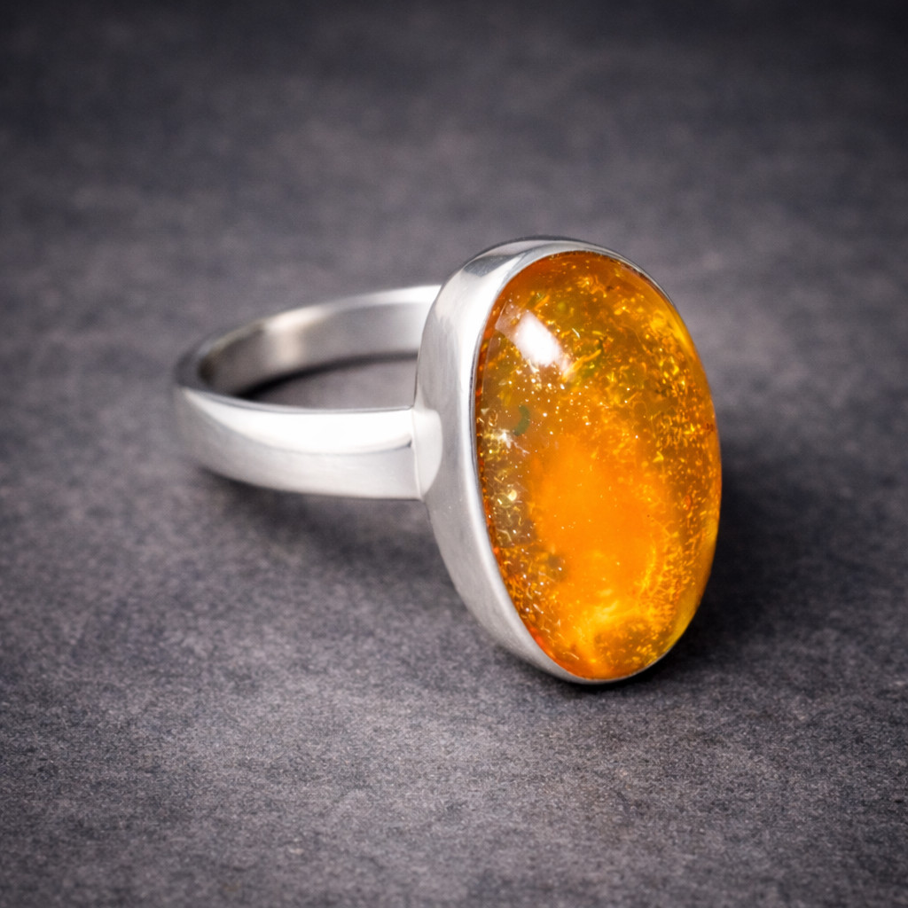 Natural Clear Light Orange Amber .925 Sterling Silver Ring #6 free resizing
