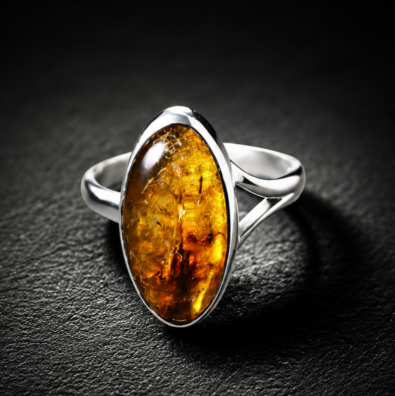 Fine Rare Orange Brown Amber 925 Sterling Silver Maquise Ring US#7.5
