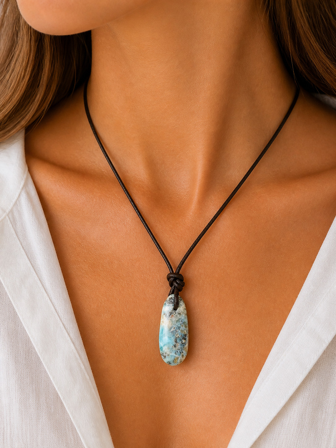Rare Natural Light Blue Larimar Necklace  free leather cord