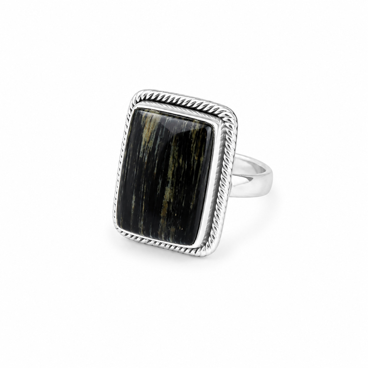 Natural Unique Black Gray Black Tourmaline 925 Sterling Silver Rectangular Ring