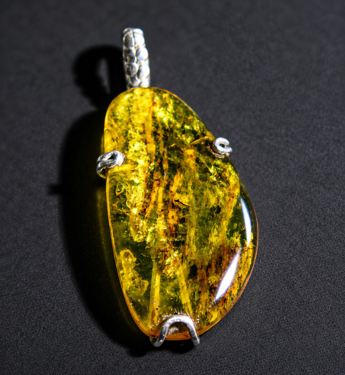 Handcrafted Natural Translucent Light Green Amber 925 Sterling Silver Pendant 2"
