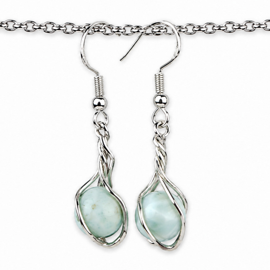 Beautiful Natural Light Blue Larimar .925 Sterling Silver Dangle Earrings 42.0mm
