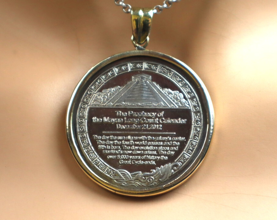 Maya Memorial Coin Pyramids  Mexico Aztec Gold and Silver Pendant 2inch