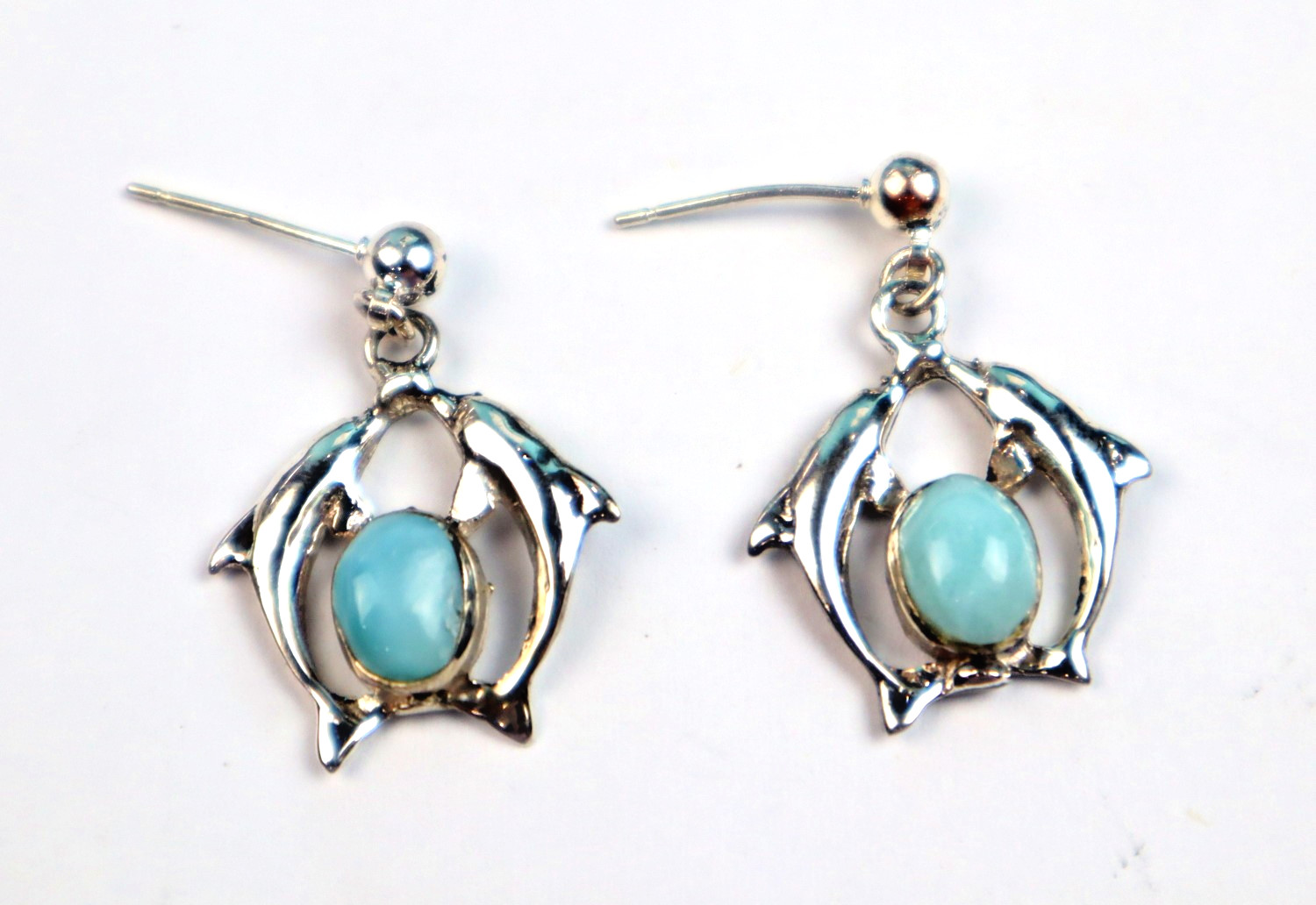 Impressive Natural Sky Blue Larimar .925 Sterling Silver Dolphin Earrings 28.0mm