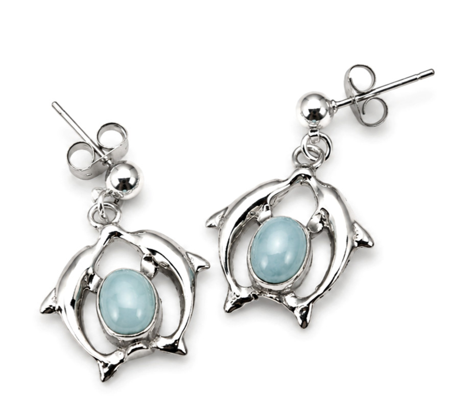 Prettily Natural Light Blue Larimar .925 Sterling Silver Dolphin Earrings 29.0mm