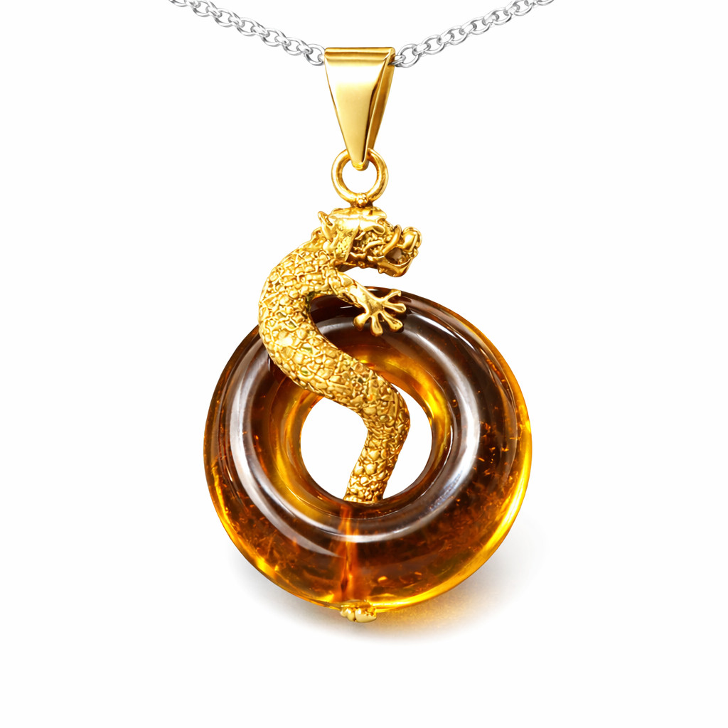 Exquisite 2 inch Natural Clear Yellow Orange Amber Doughnut Dragon Pendant
