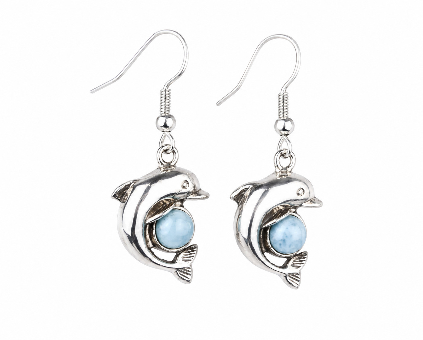Genuine Dominican Blue Larimar 925 Sterling Silver Dolphin Earrings 1.5 Inch