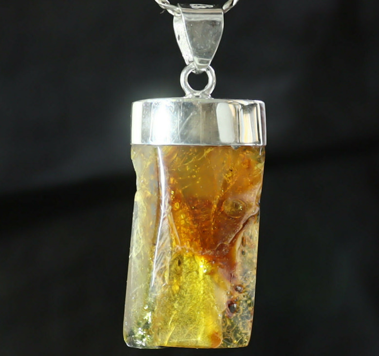 2 inch Natural Translucent Yellow Orange Amber .925 Sterling Silver Pendant