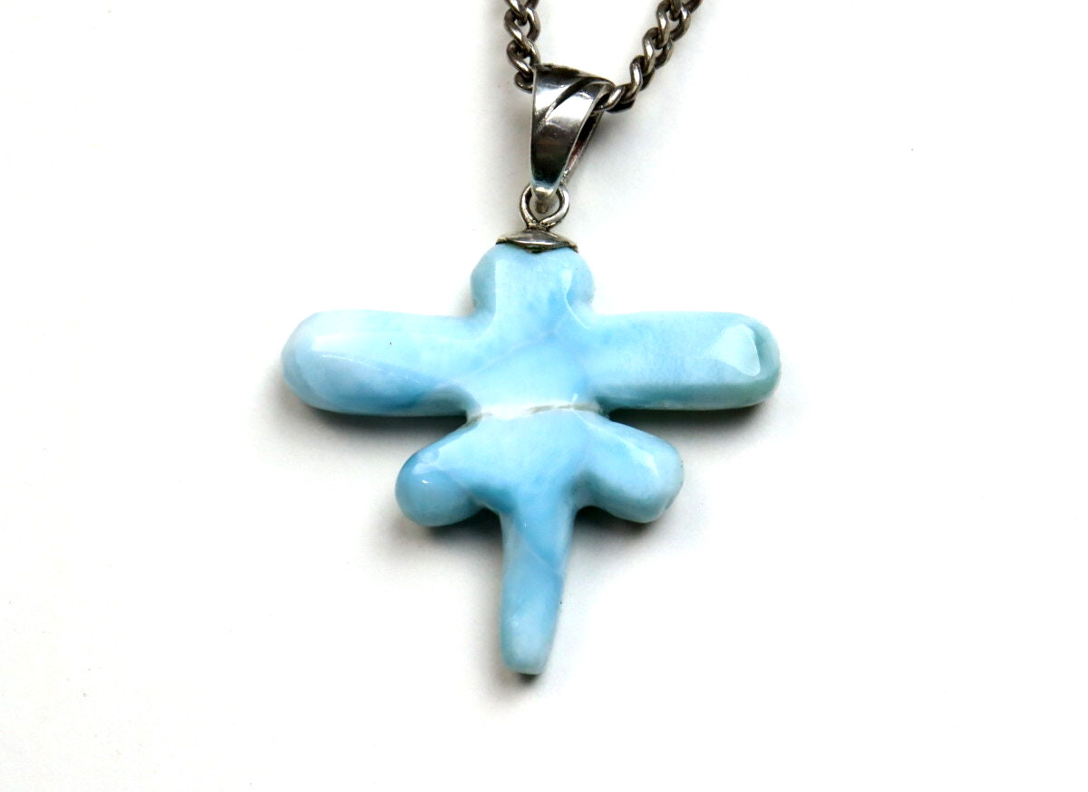 Exquisite 2inch Natural Sky Blue Larimar .925 Sterling Silver Dragonfly  Pendant