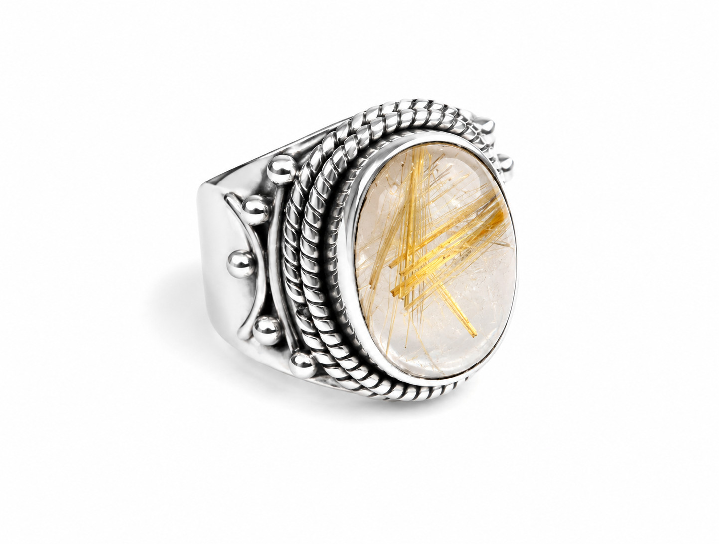Finest Clear White with golden design Labrodorite .925 Sterling Silver Ring #6