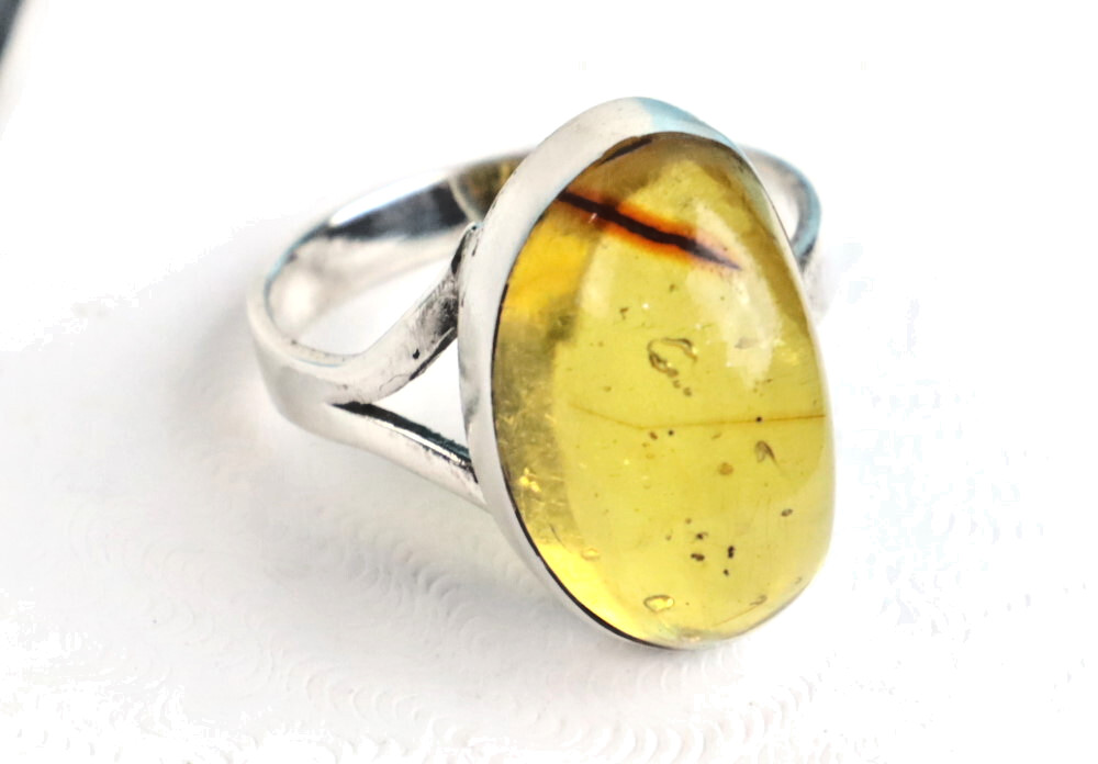 Exquisite Natural Clear Light Green Amber .925 Sterling Silver Ring #6