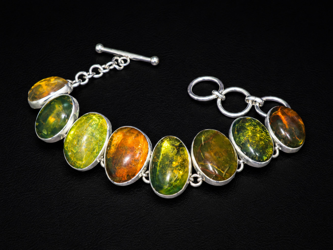 Natural Unique Orange Green Dominican Amber 925 Sterling Silver Bracelet 5.9 In.