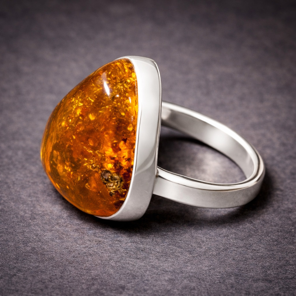 Beautiful Natural Translucent orange Yellow Amber .925 Sterling Silver Ring #8