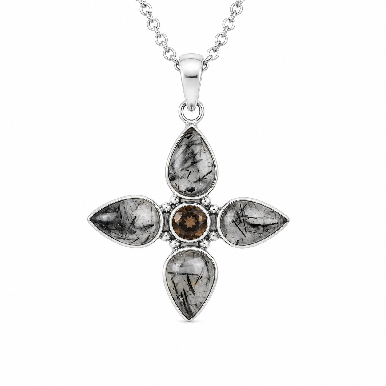 Elegant Fine White Black Tourmalinated Quartz 925 Sterling Silver Cross Pendant