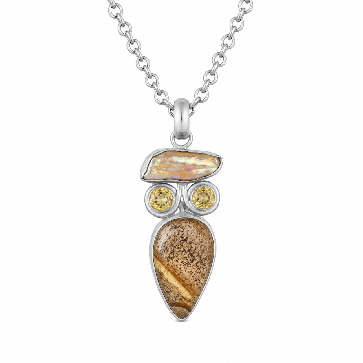 Authentic Beautiful Brown Yellow Picture Jasper, Citrine & Abalone Pendant 60mm