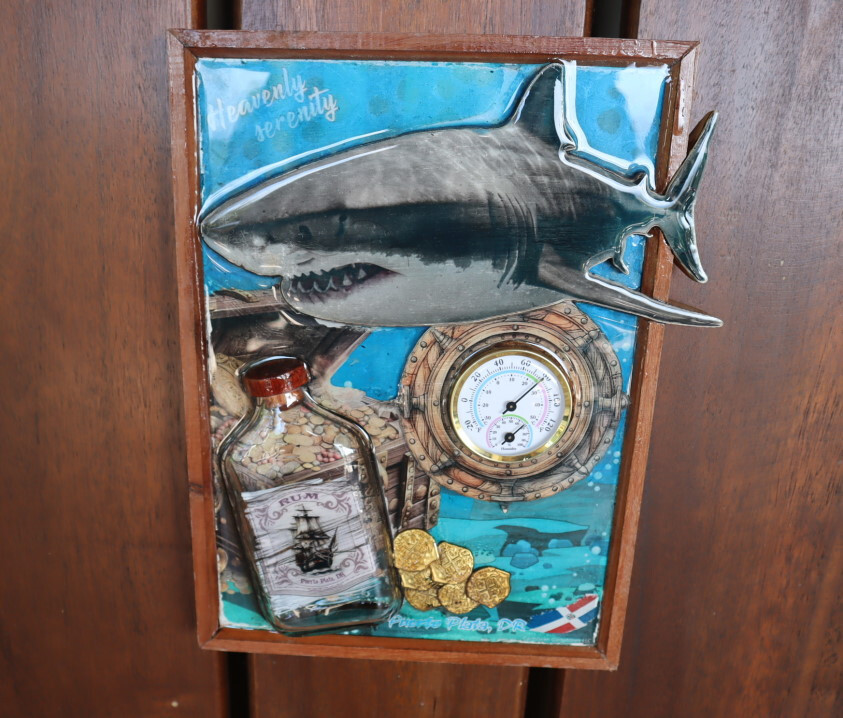 Wood artwork wall decoration Thermometer Hydrometer Shark  Oceanic Treasure 12"