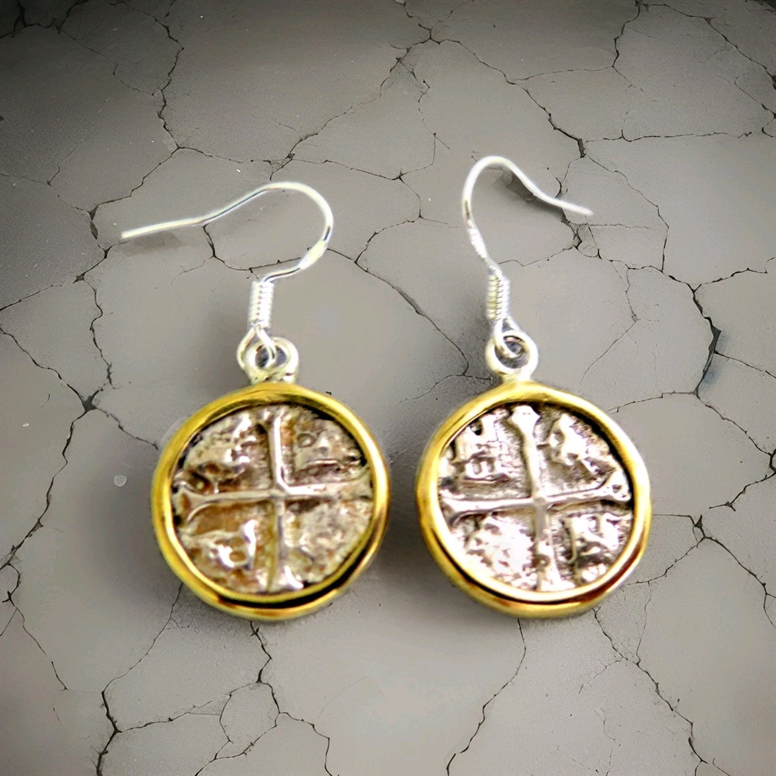SPAIN COLONIAL PIRATE Atocha ship WRECK COIN .925 STERLING SILVER EARRINGS 1.3"