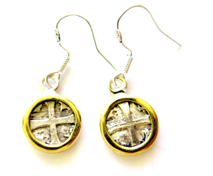 SPAIN COLONIAL PIRATE ATOCHA SHIP WRECK COIN .925 STERLING SILVER EARRINGS 1.1"