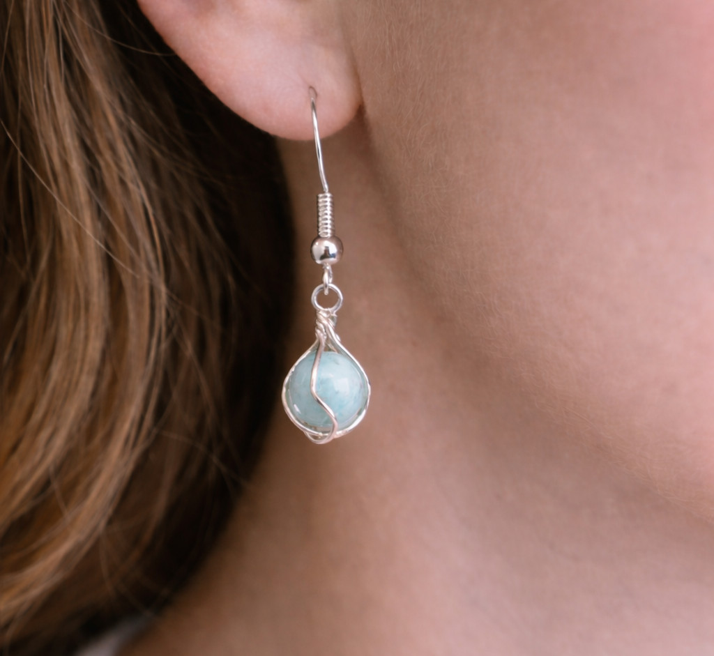 Beautiful Larimar 925 Sterling Silver Dangle Round Bead in Cage Earrings 1.4inch