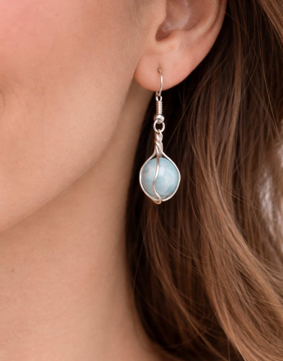 Beautiful Larimar 925 Sterling Silver Dangle Round Bead in Cage Earrings 1.4inch