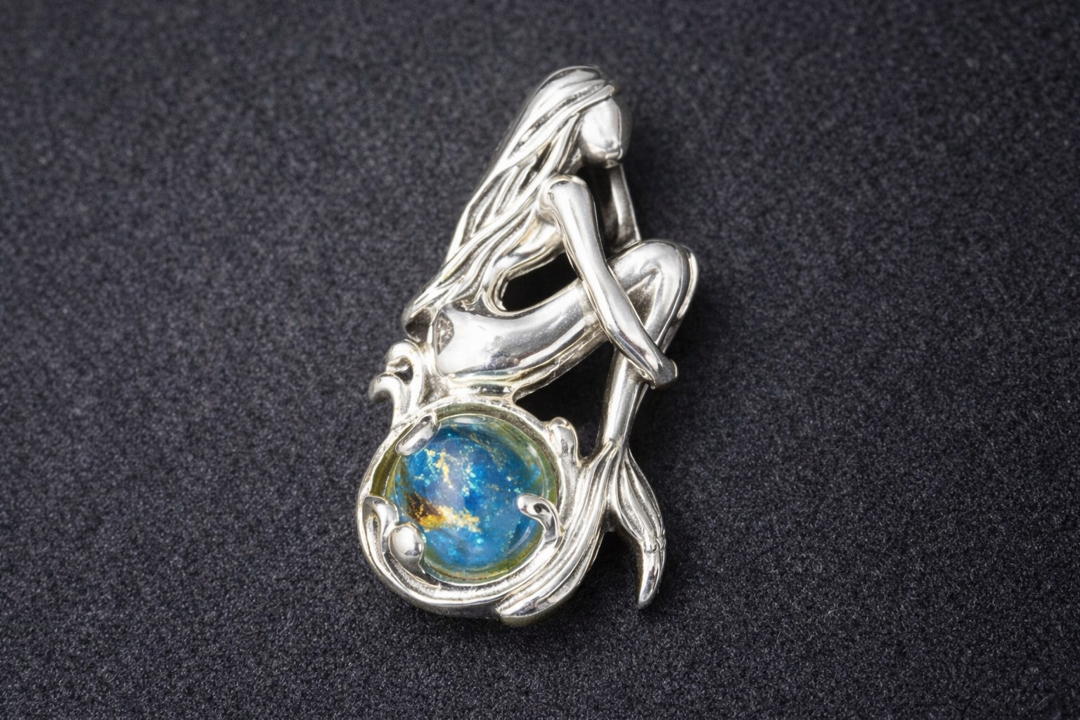 Exquisite Natural Clear Sky Blue Amber .925 Sterling Silver Mermaid Pendant 26mm