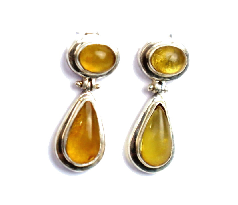 Exquisite Natural Clear Orange Yellow Amber .925 Sterling Silver Earrings 32.0mm