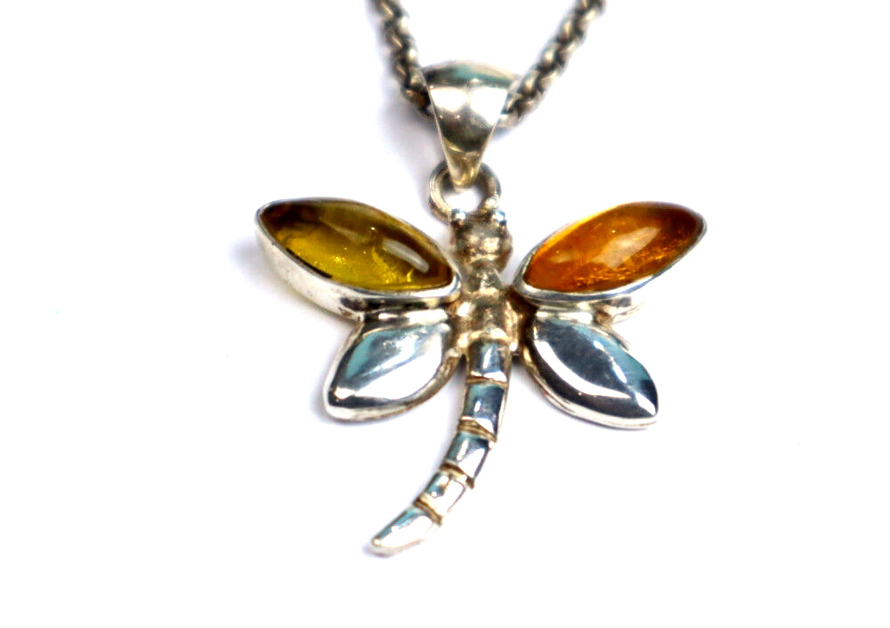 Natural Clear Orange Yellow Amber .925 Sterling Silver Dragonfly Pendant 40mm