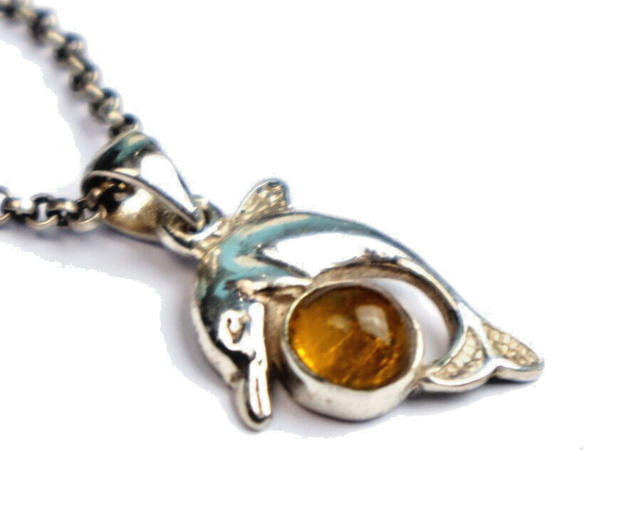 Beautiful Natural Orange Yellow Amber .925 Sterling Silver Dolphin Pendant 33mm