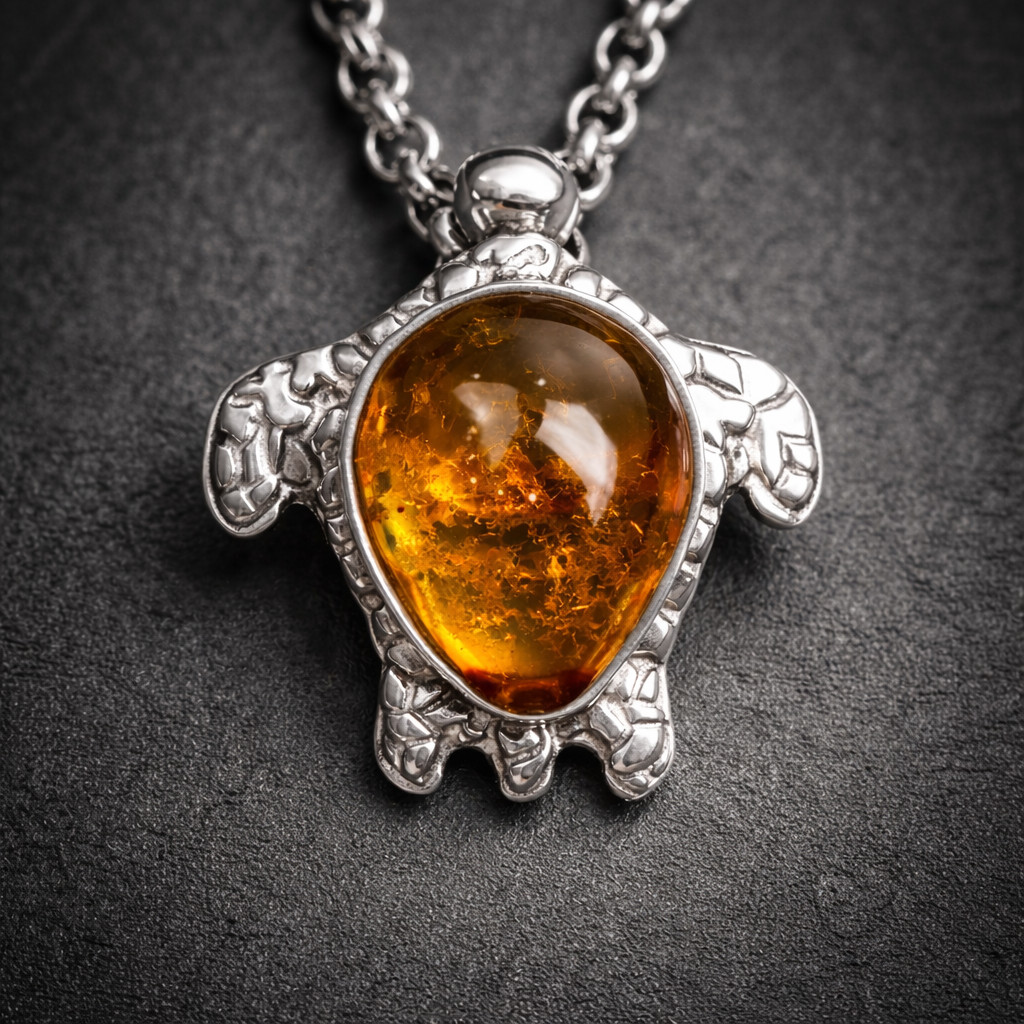 Beautiful Natural Orange Red Amber .925 Sterling Silver Turtle Pendant 18mm