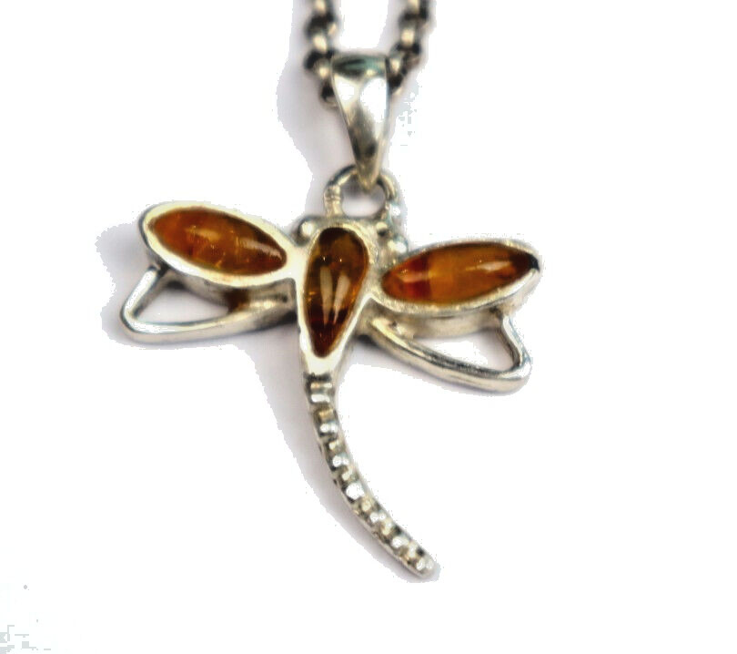 Natural Clear Yellow Orange Amber .925 Sterling Silver Dragonfly Pendant 34mm