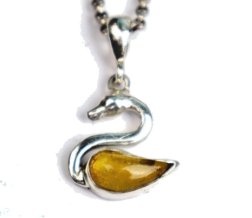 Lovely Natural Clear Yellow Orange Amber .925 Sterling Silver Swan Pendant 32mm