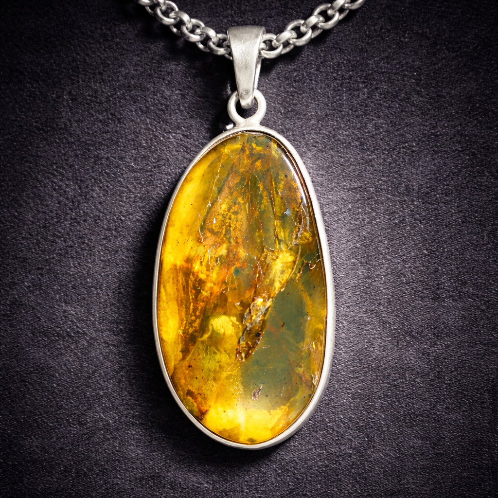 Natural Dominican Green Amber Pendant 925 Sterling Silver Translucent Yellow