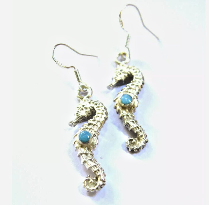 Beautiful Sky  Blue Larimar .925 Sterling Silver Dangle Sea Horse Earrings 1.6 "
