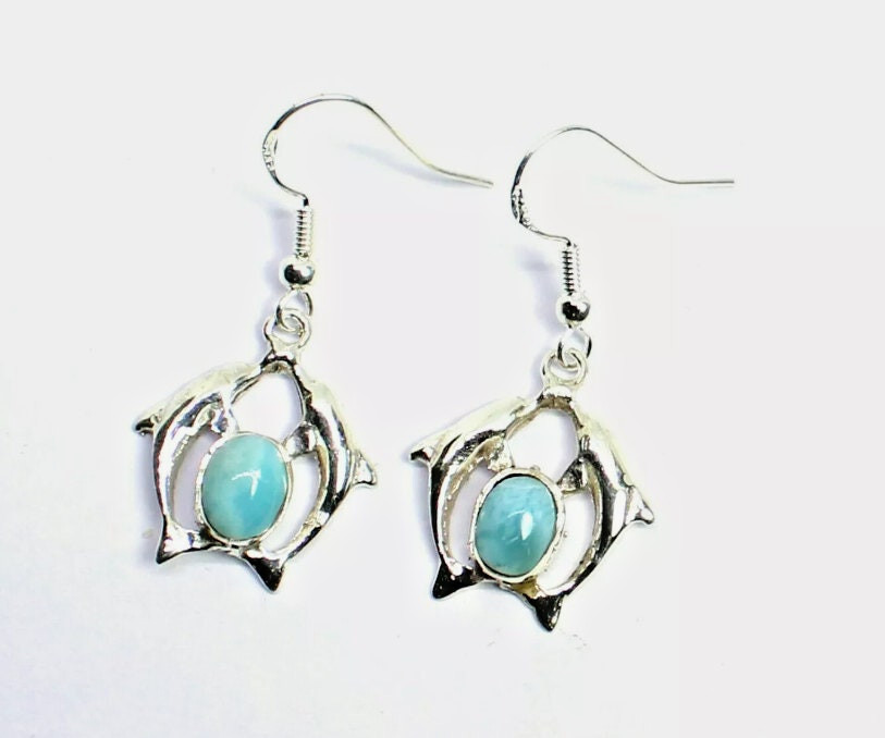Beautiful Sky  Blue Larimar .925 Sterling Silver Dangle Dolphin Earrings 1.6 "