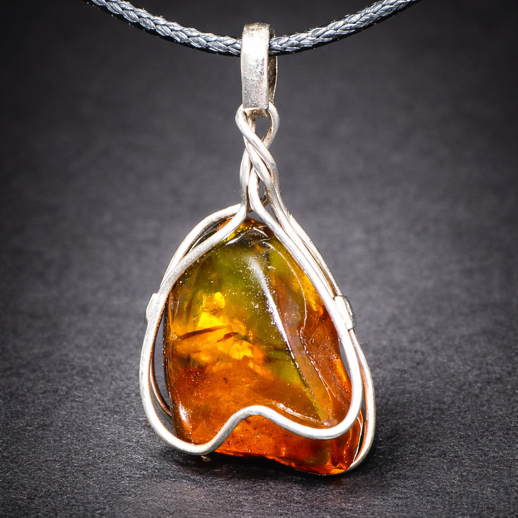 Handcrafted Natural Clear Green Orange Amber .925 Sterling Silver Pendant 45mm