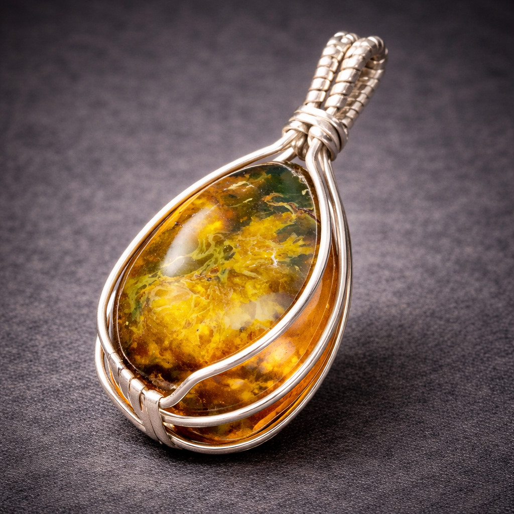 Handcrafted Wired Natural Clear Sky Green Amber 925 Sterling Silver Pendant 47mm