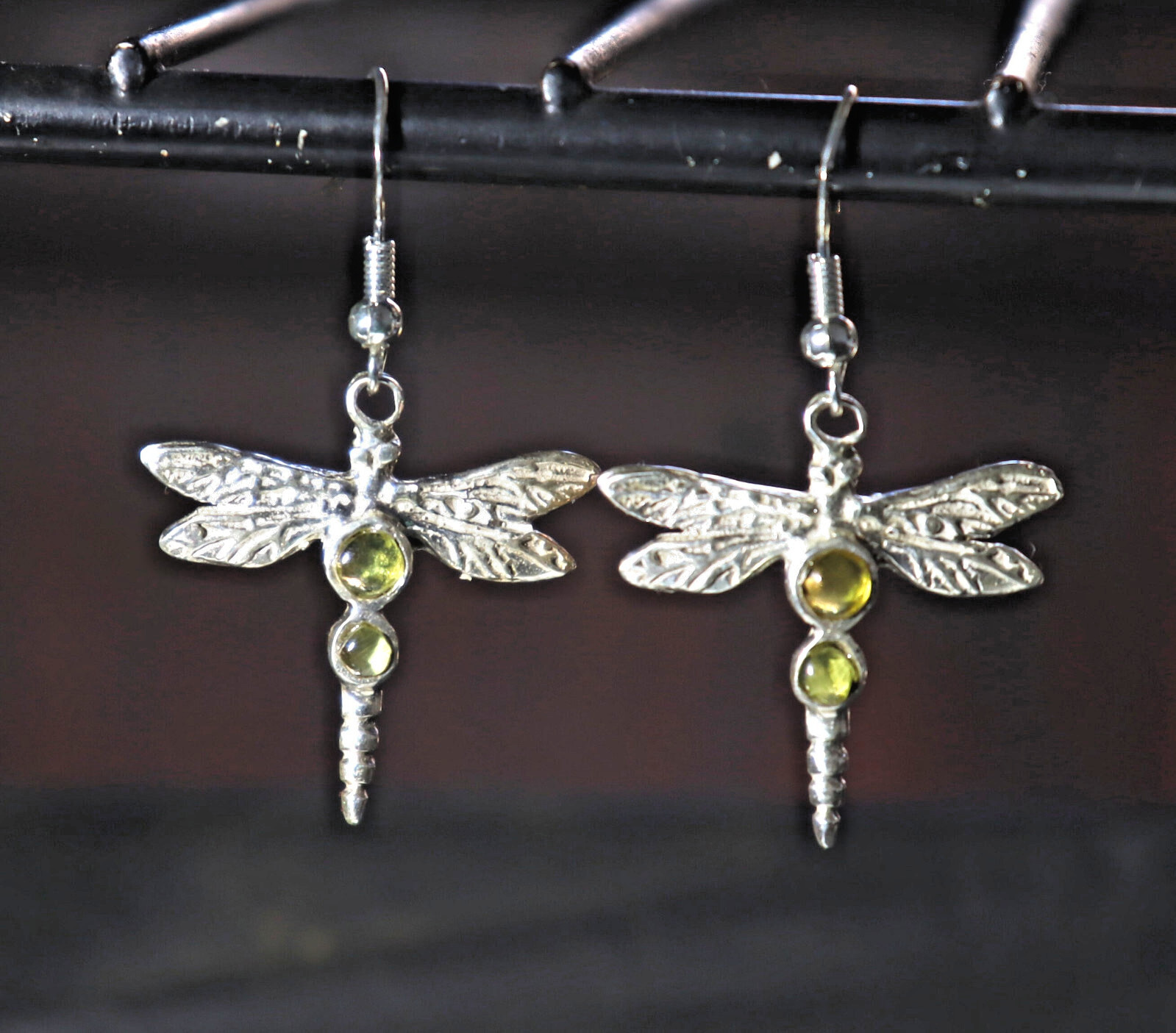Exquisite Natural Clear Amber .925 Sterling Silver Dragon Fly Earrings 1.8inch