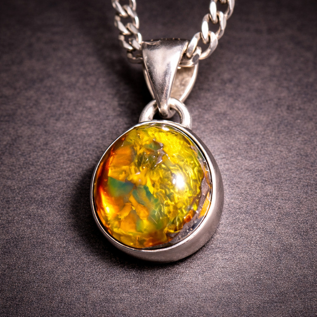 Beautiful Natural Clear Yellow Green Amber .925 Sterling Silver Pendant 23mm