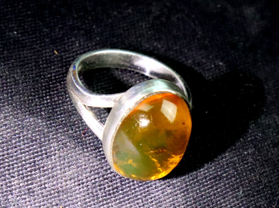Beautiful Natural Clear Green Orange Amber .925 Sterling Silver Ring #6.5
