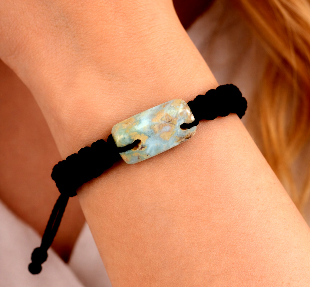 Rarest Natural Ocean Blue Larimar Bracelet Wristband adjustable Macrame cord
