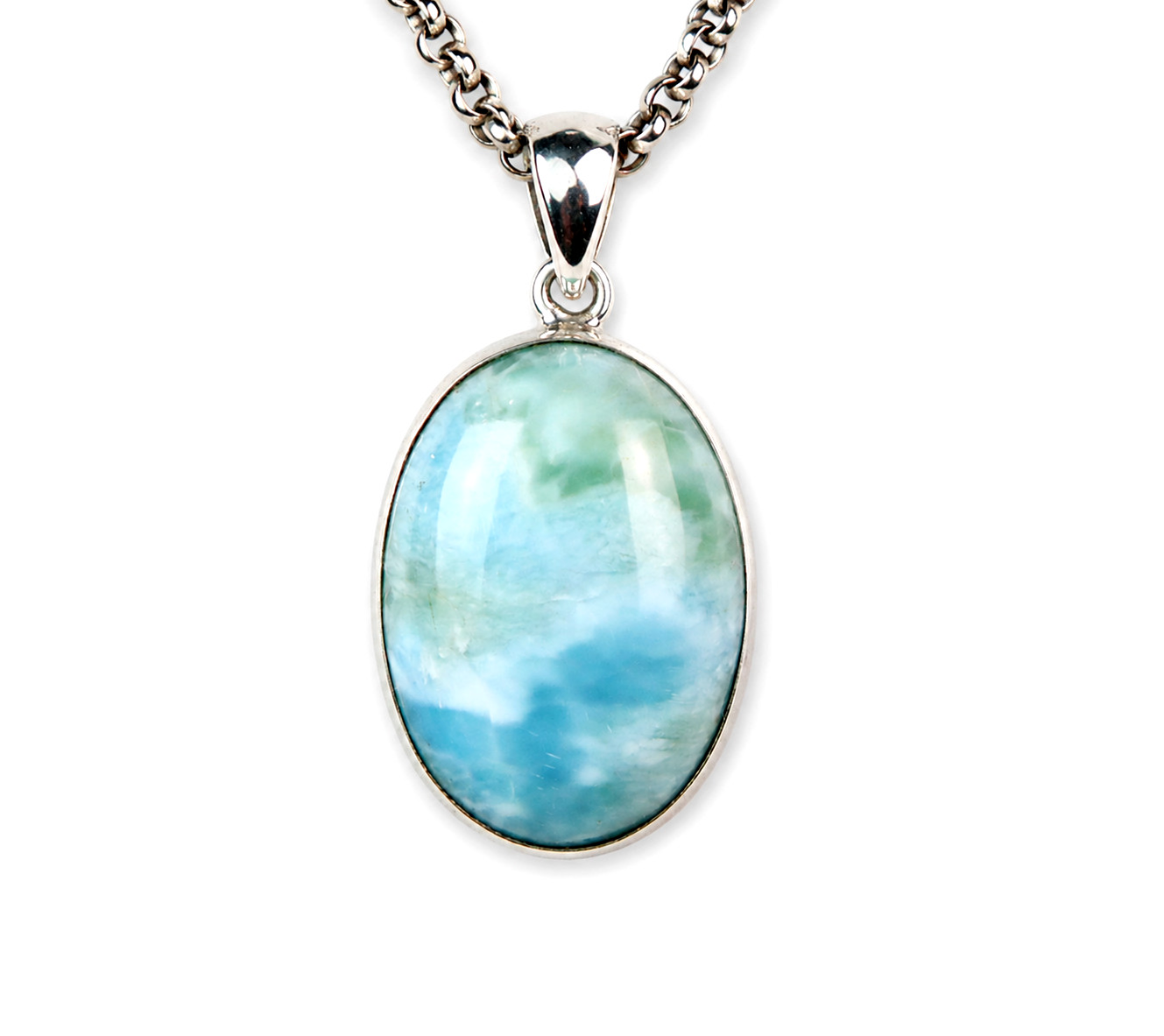 Genuine Dominican Blue Larimar Oval 925 Sterling Silver Pendant 1.4 Inch 5.2g