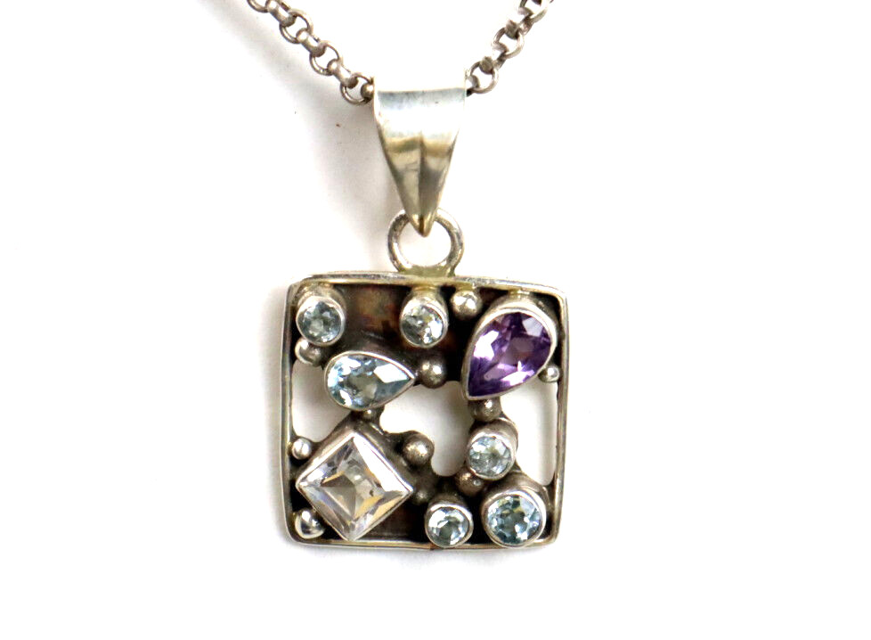 Vintage Natural Amethyst Aquamarine Zirconia 925 Sterling Silver Pendant 36mm
